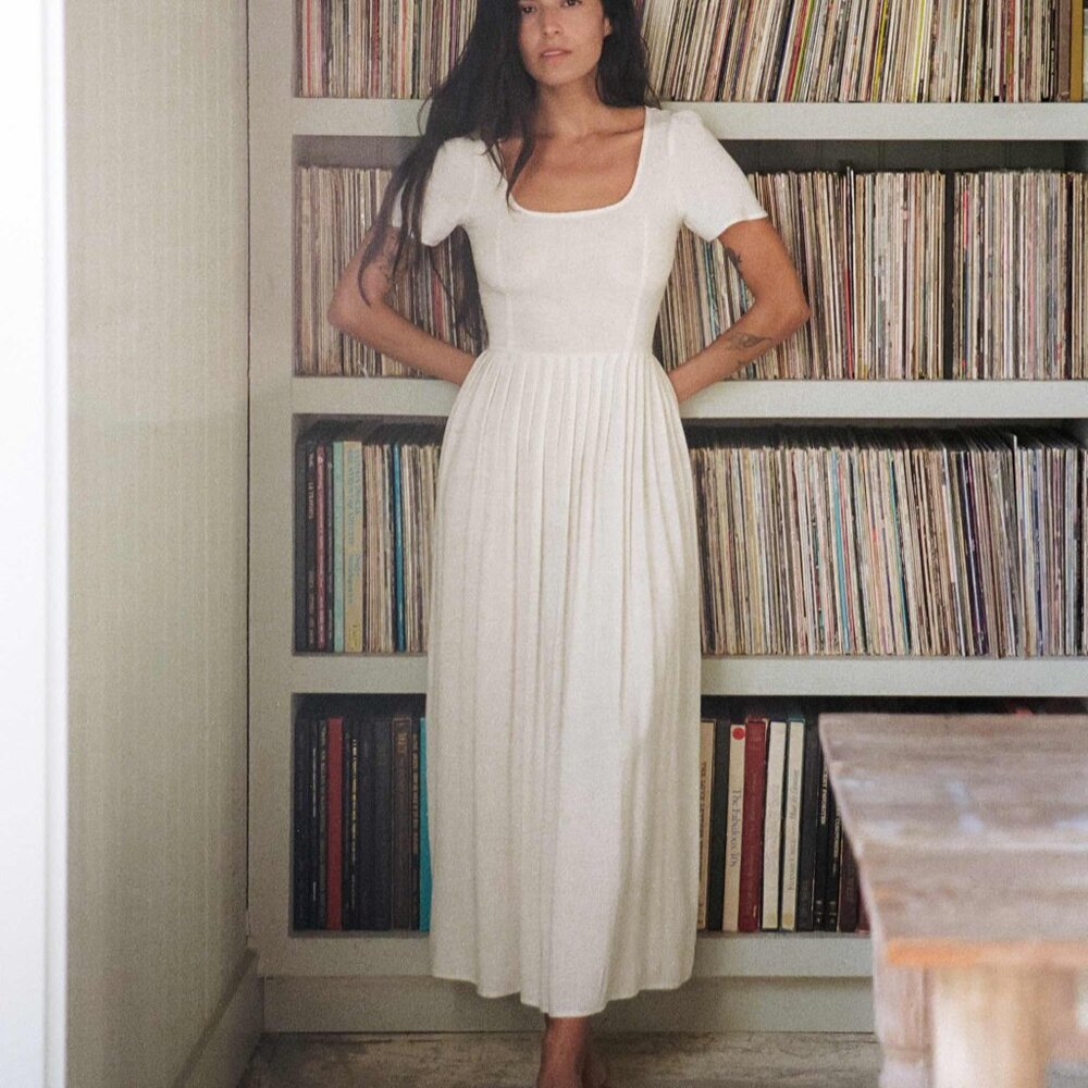 Dreamy Christy Dawn Scarlet Dress in Eggshell | XS | tailored pleated maxi